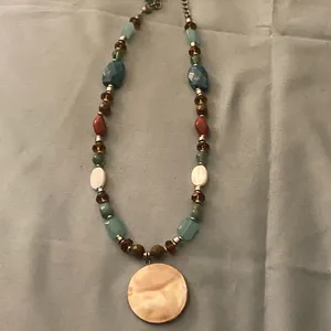 14” To 18” Necklace Round Pearlescent Pendant Beaded Chain Blue Brown Red Boho thumbnail 2