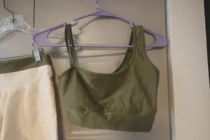 Workout exercise loungewear casual summer active shorts and one should top sports bra set in olive green and beige thumbnail 4