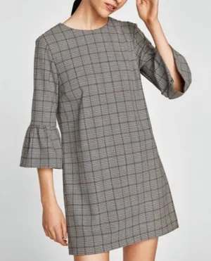 Zara Black & White Glen Check Plaid Long Sleeve Bell Sleeve Dress Medium thumbnail 1