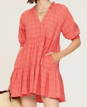BB Dakota Hustle and Glow Tiered Mini Dress Coral Plaid V-Neck XS thumbnail 1