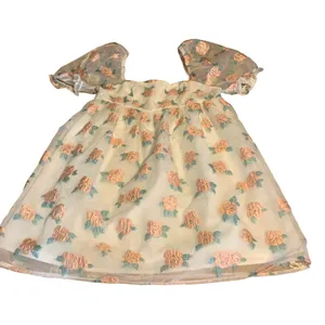 Altar'D State White W/Peach & Green Floral Print Organza Baby Doll Dress (M) thumbnail 9