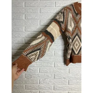 POL Sweater Womens Medium Brown Geometric‎ Diamond Knit Crochet Trim Good JST600 thumbnail 3