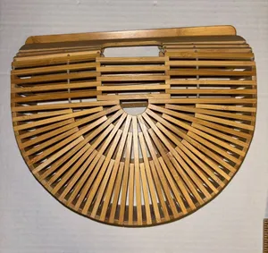 Tan Bamboo Structured Slat Handbag Fan Shaped Semi Circular Design Top Handles thumbnail 1