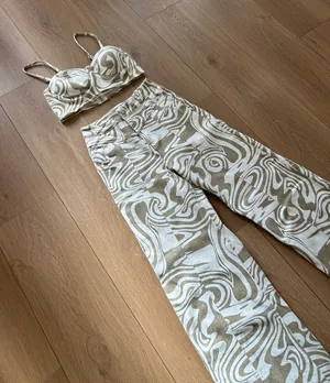 Neutral Swirl Print High-Waist Wide Leg Pant Set thumbnail 1