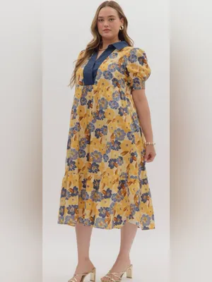 New!Entro Boutique Cotton Yellow Floral Midi Dress Pocket Navy Trim Size 2X thumbnail 2