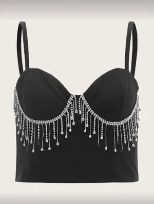 Black Crop Top With Rhinestone Fringe Detail thumbnail 4