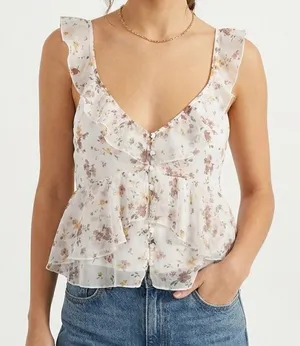 Abercrombie Fitch Floral Peplum Top‎ Womens Small Ruffle Strappy Babydoll Y2K thumbnail 1