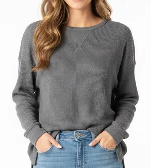 American Eagle Women’s Waffle Knit Long Sleeve Crewneck Top‎ Gray Size Small thumbnail 1