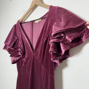 Ricarica Women Maxi Velour Maxi Dress XL Burgundy Ruffle Thigh Slit Formal Gala thumbnail 2