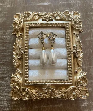 Vintage Gold-Tone Faux Pearl Drop Earrings with Crystal Accents, Pierced thumbnail 1
