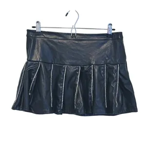 Hot & Delicious VTG Y2K Rhinestone Vegan Leather Micro Mini Skirt Pleated Large Black 90s Retro thumbnail 2