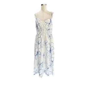Gap Linen-Blend Smocked Corset Midi Dress Blue & White Floral Size Medium thumbnail 3
