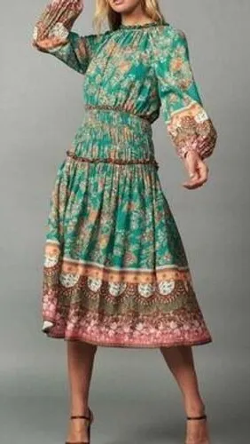 Current Air Los Angeles Green Floral Smocked Midi Dress Boho Velvet Trim Small thumbnail 1