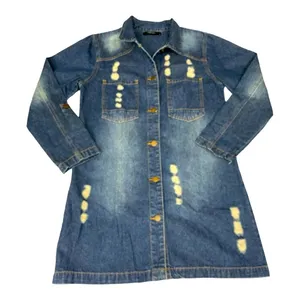 Woman Distressed Denim Jacket Shirt Dress Medium Medium Wash Long Sleeve thumbnail 9