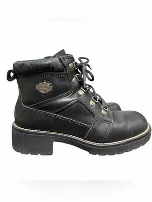 Harley Davidson 9.5 Black Leather Lace Up Motorcycle Ankle Boots Side Zipper thumbnail 2