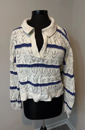 Universal Threads Cream with Blue Stripes Collared Preppy Sweater in Size XL thumbnail 1