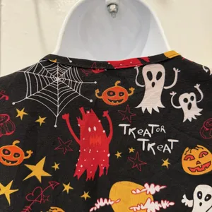 Scrub Top Womens Medium Black Halloween Ghost Pumpkin Print V Neck Tunic thumbnail 7
