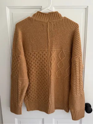 American Eagle Patchwork Cable Knit Mock Neck Sweater Camel Medium thumbnail 5
