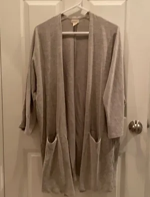 A cream/light green subtly striped cardigan thumbnail 1