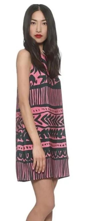 Whistle 100% Silk Green and Pink Sleeveless Shift Mini Dress Sz-10 thumbnail 1