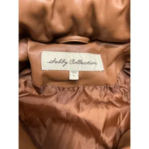 SEBBY Collection Faux Leather Short Crop Puffer Jacket In Toffee Size L. thumbnail 5