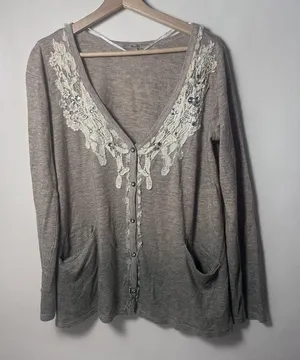 Miss Me Cardigan Womens Large Ombre Taupe Ivory Lace Sweater Romantic Jewels thumbnail 1