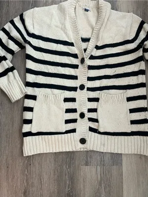 American Eagle Cardigan Womens Medium Ivory Black Striped Knit Shawl Collar thumbnail 4