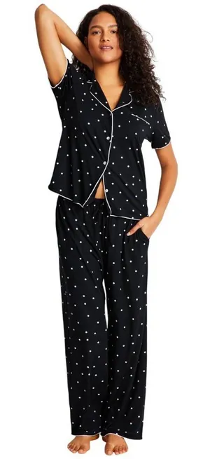 NWT State Of Day Womens Fluid Knit Notched Pajama Set Deep Black Polka Dot L thumbnail 1