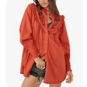 Free‎ People Rose Vines Top Women Small Rust Orange Embroidered Ruffle Smocked thumbnail 15