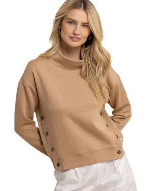 NWT Southern Tide Cordelia Pullover Sweater Womens XL‎ Tan Quilted Button Sides thumbnail 1