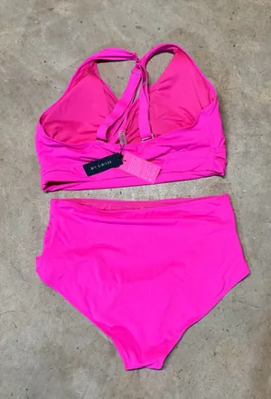Tempt Me Hot Pink Crossover Cross-Back High Waisted Bikini Swimsuit thumbnail 2
