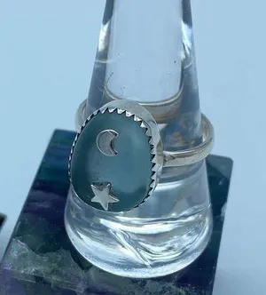 Moon & Star Sea Tumbled Sea Foam Sea Glass Sterling Silver Ring Size 10 thumbnail 1