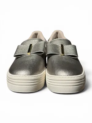 Joy Luxe Genuine Leather Bow Platform Sneakers Orthotic Slip On Pewter‎ 7.5W thumbnail 4