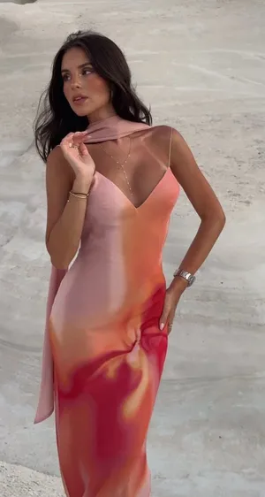 Zara Elegant Pink and Orange Maxi Dress scarf evening party wedding thumbnail 1