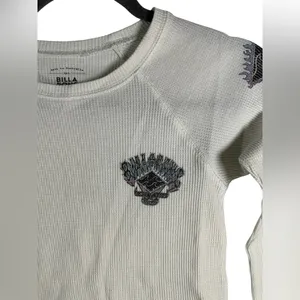 Billabong Waffle Knit Long Sleeve Top XS Cream Graphic Thermal Surf Casual Shirt thumbnail 4