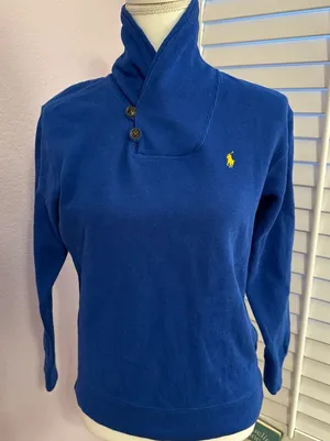 Ralph Lauren Royal Blue Shawl-Collar Sweater with Yellow Pony thumbnail 1