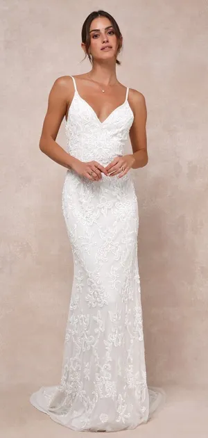 NEW Lulus Luxe Bridal Everlasting Passion Sequin Breaded Backless Wedding Dress thumbnail 1