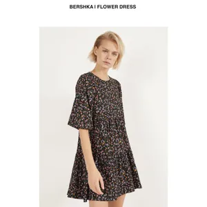 Bershka Womens Floral Babydoll Mini Dress Black Multi Tiered Puff Sleeve‎ Large thumbnail 2