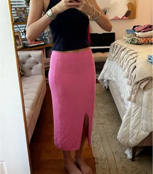 Free People Ribbed Pink Midi Skirt with Front Slit thumbnail 3