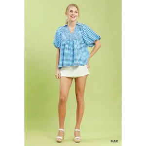 Umgee Smocked Yoke Puff‎ Sleeve Gingham Blouse - Small thumbnail 4