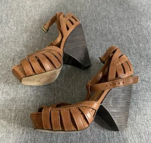 Lucky Brand Women's Brown Leather Peep Toe Wedge Heel Ankle Strap Buckle 6.5M thumbnail 1