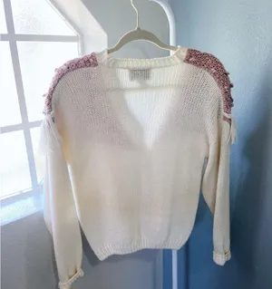 Vintage Cream with Pink Purple Floral Knit Sweater Cardigan Fringe thumbnail 5