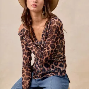 BiBi Leopard Printed Mesh‎ Shirt With Button Up V Neck Size XL thumbnail 16
