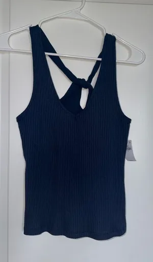 Ribbed V-Neck Loop Back Tank Top - Navy thumbnail 1