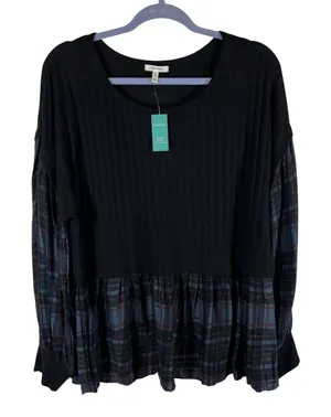 Maurices Womens XXL Black Ribbed‎ Plaid Mixed Media Babydoll Top NWT Grunge thumbnail 1