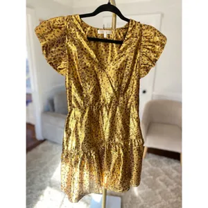 LoveShackFancy‎ Mini Party Dress Gold Metallic Floral Puff Sleeve Quiet Lixury thumbnail 2