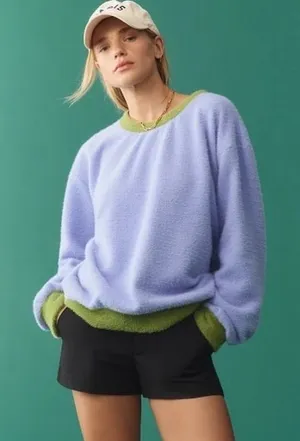 Maeve Anthropologie Sweater Women's M‎ Boxy Ringer Oversized Fuzzy Purple Green thumbnail 1