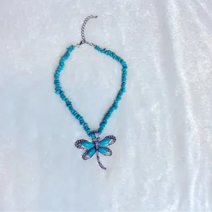 Boho Retro Inspired Dragonfly Vibrant Blue Hue Genuine Turquoise Accent Necklace thumbnail 2
