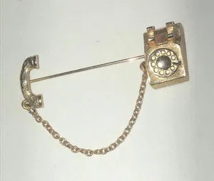 Avon Vintage Gold Tone Telephone Pin Brooch with Chain thumbnail 1