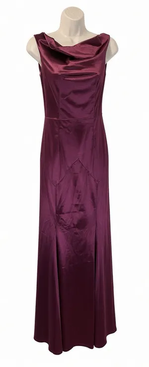 MUXXN S Burgundy Satin Cowl Neck Formal Gown V Back Maxi Dress thumbnail 1